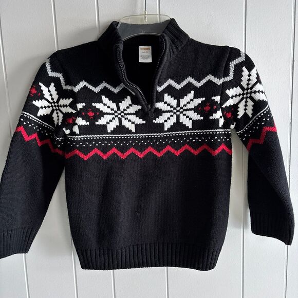 Gymboree Boys S 5/6 Black Holiday Snowflake Zipper Collar Knit Pullover SweaterD - Picture 2 of 6